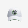 White cap with a logo on a light gray background