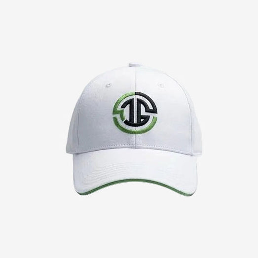 White cap with a logo on a light gray background