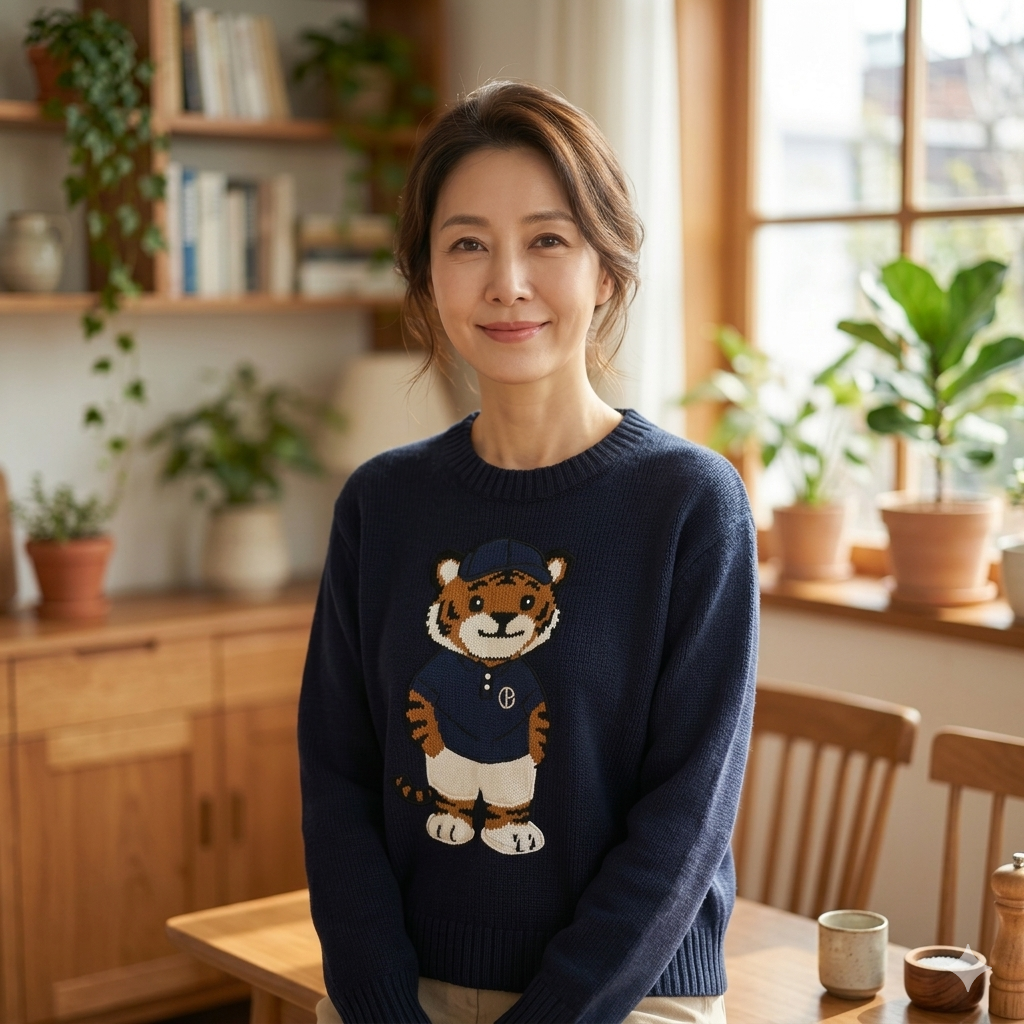Woman wearing a navy sweater with a tiger design in a cozy room with plants and furniture.