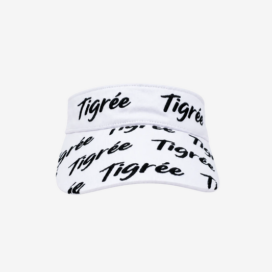 White visor with black text 'Tigrée' on a white background