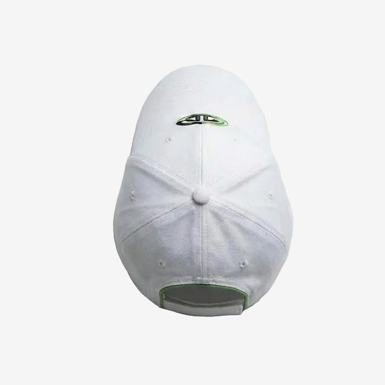 White cap with a logo on a white background