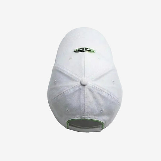 White cap with a logo on a white background