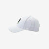 White baseball cap with a small logo on a light gray background