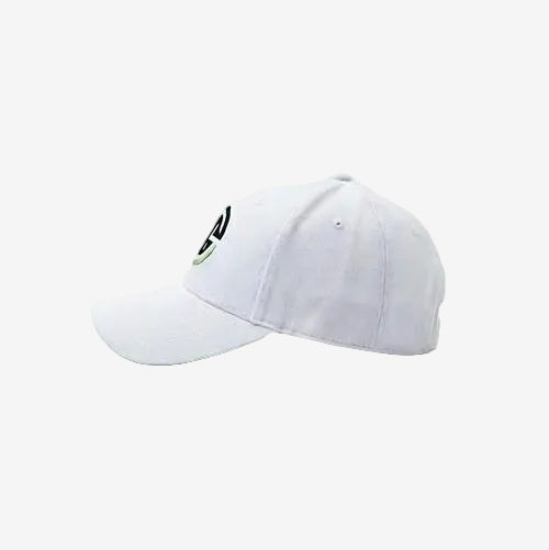 White baseball cap with a small logo on a light gray background