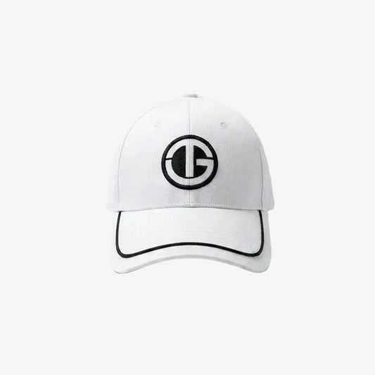 White cap with black logo on a white background